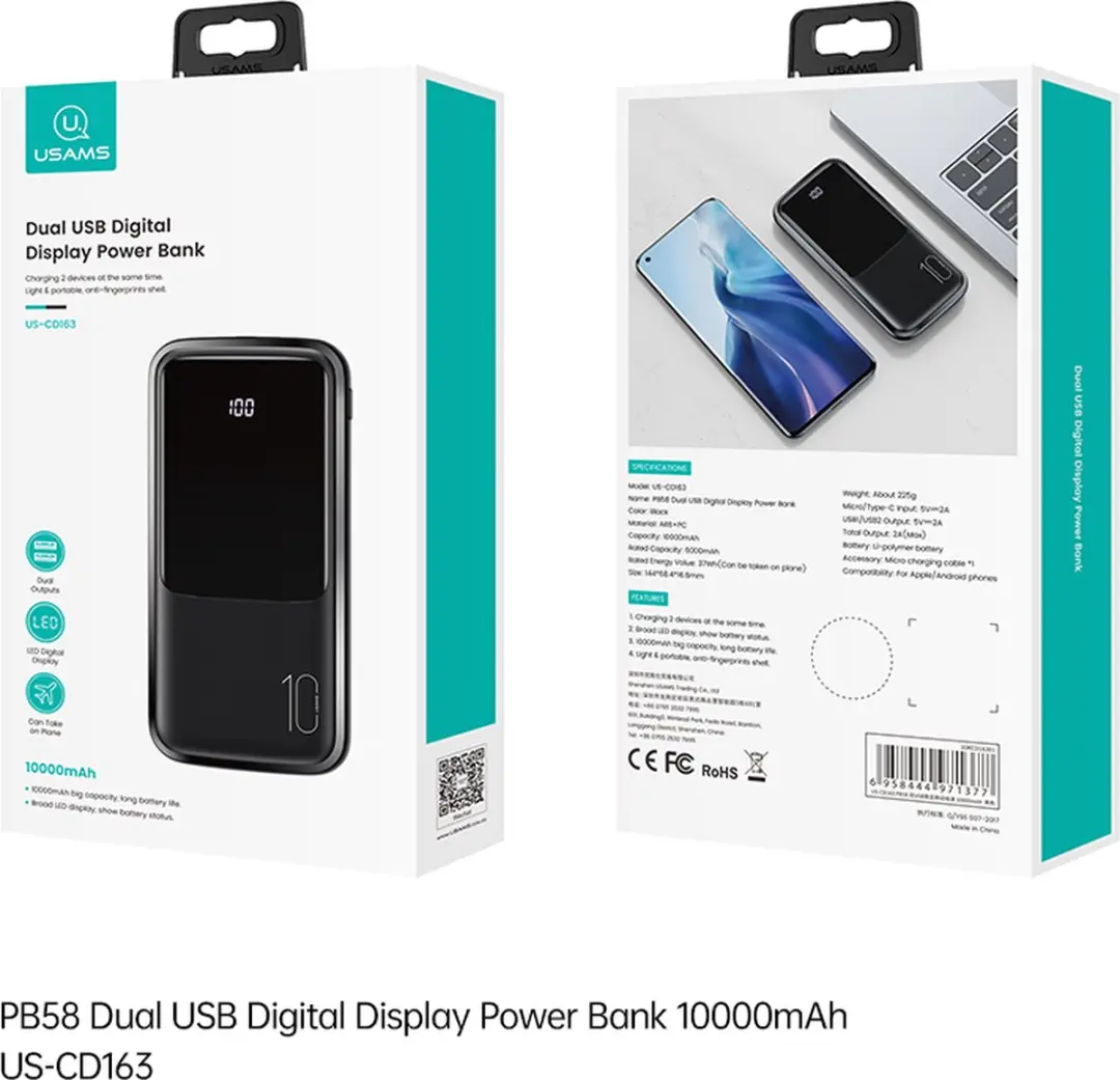 USAMS 10000mAh Powerbank - Digitaal Display - Zwart - afbeelding 2 van 6