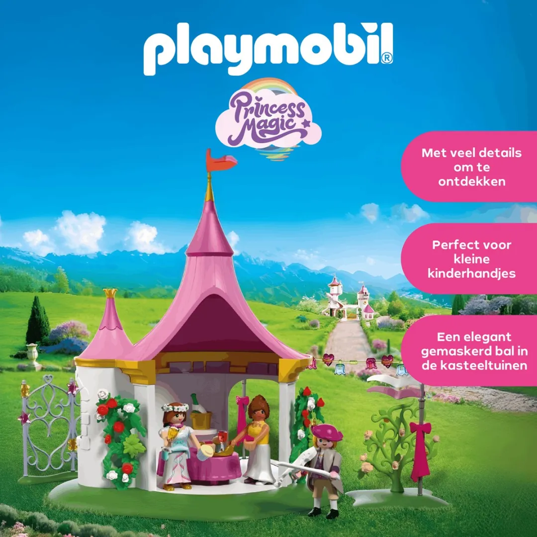PLAYMOBIL | Princess | Maskerbal in het Paviljoen | 3 figuren met paviljoen en buffet | Stimuleert creativiteit | Prinsessenspeelgoed voor kinderen vanaf 4 jaar | 72052
