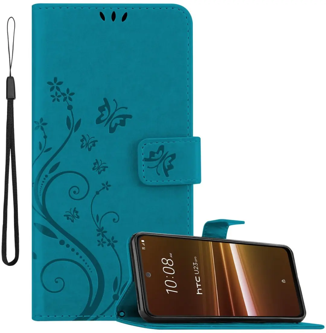 Cadorabo Hoesje geschikt voor HTC U23 PRO in BLOEMEN BLAUW - Beschermhoes in bloemmotief met magnetische sluiting, standfunctie en kaartsleuven Book Case Cover Etui