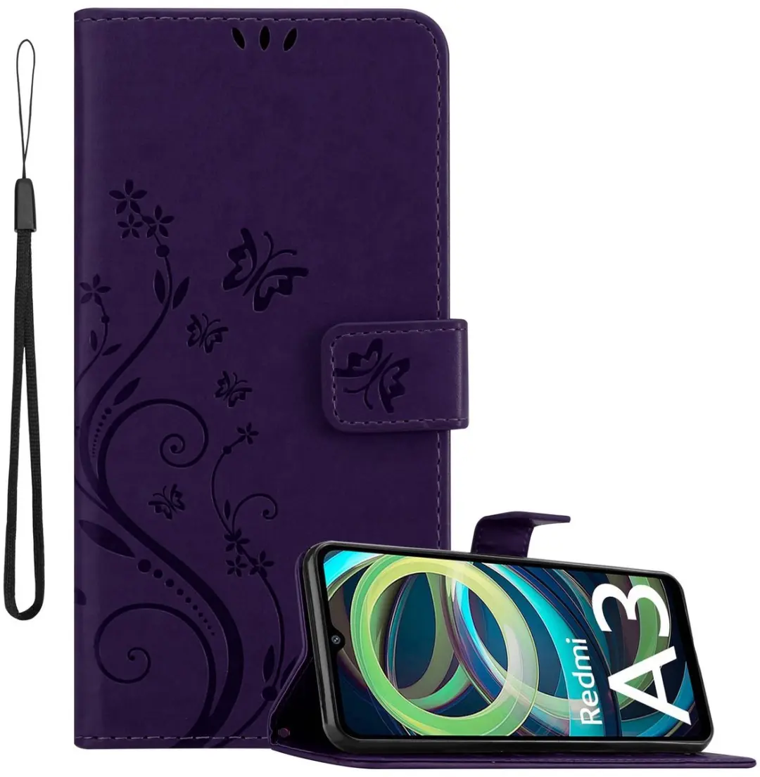 Cadorabo Hoesje geschikt voor Xiaomi RedMi A3 / A3X in BLOEMEN DONKER PAARS - Beschermhoes in bloemmotief met magnetische sluiting, standfunctie en kaartsleuven Book Case Cover Etui