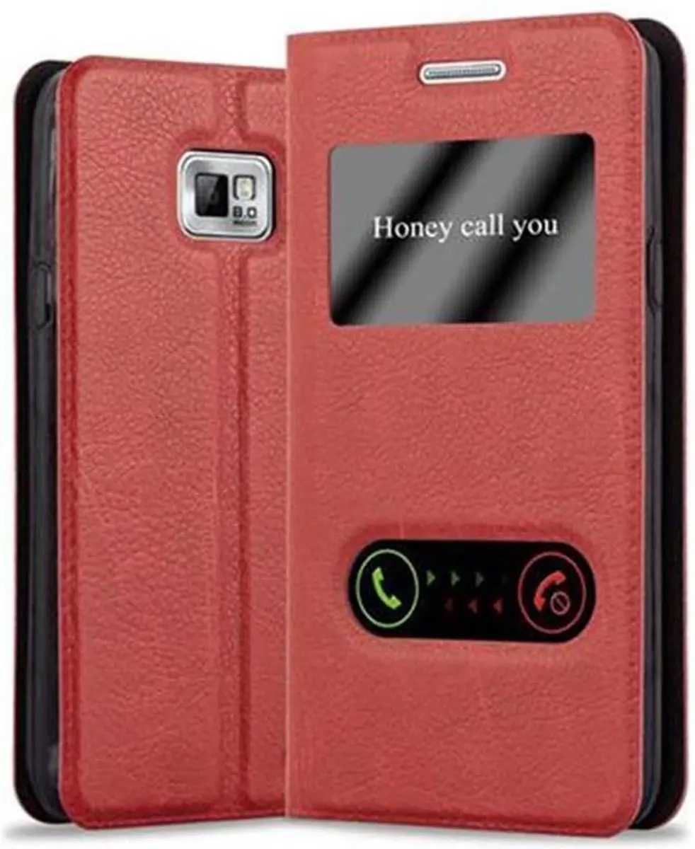 Cadorabo Hoesje geschikt voor Samsung Galaxy S2 / S2 PLUS in SAFRAN ROOD - Beschermhoes met magnetische sluiting, standfunctie en 2 kijkvensters Book Case Cover Etui