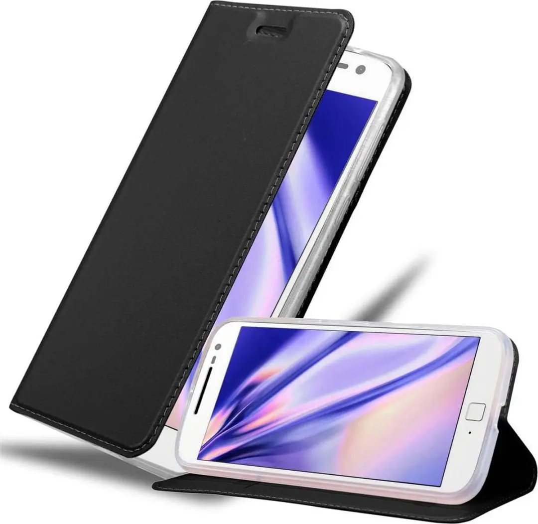 Cadorabo Hoesje geschikt voor Motorola MOTO G4 / G4 PLUS in CLASSY ZWART - Beschermhoes met magnetische sluiting, standfunctie en kaartvakje Book Case Cover Etui