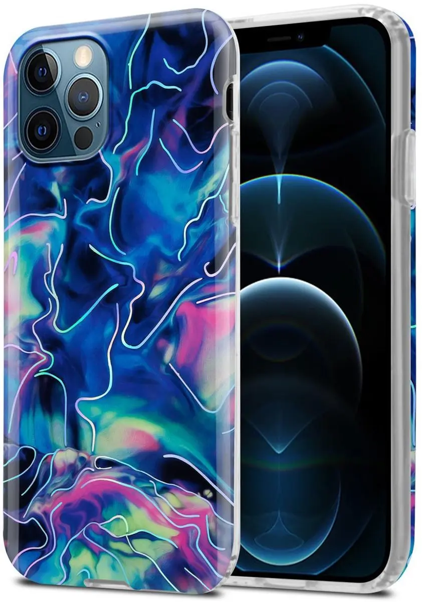 Cadorabo Hoesje geschikt voor Apple iPhone 12 PRO MAX in Blauw Roze marmer No. 1