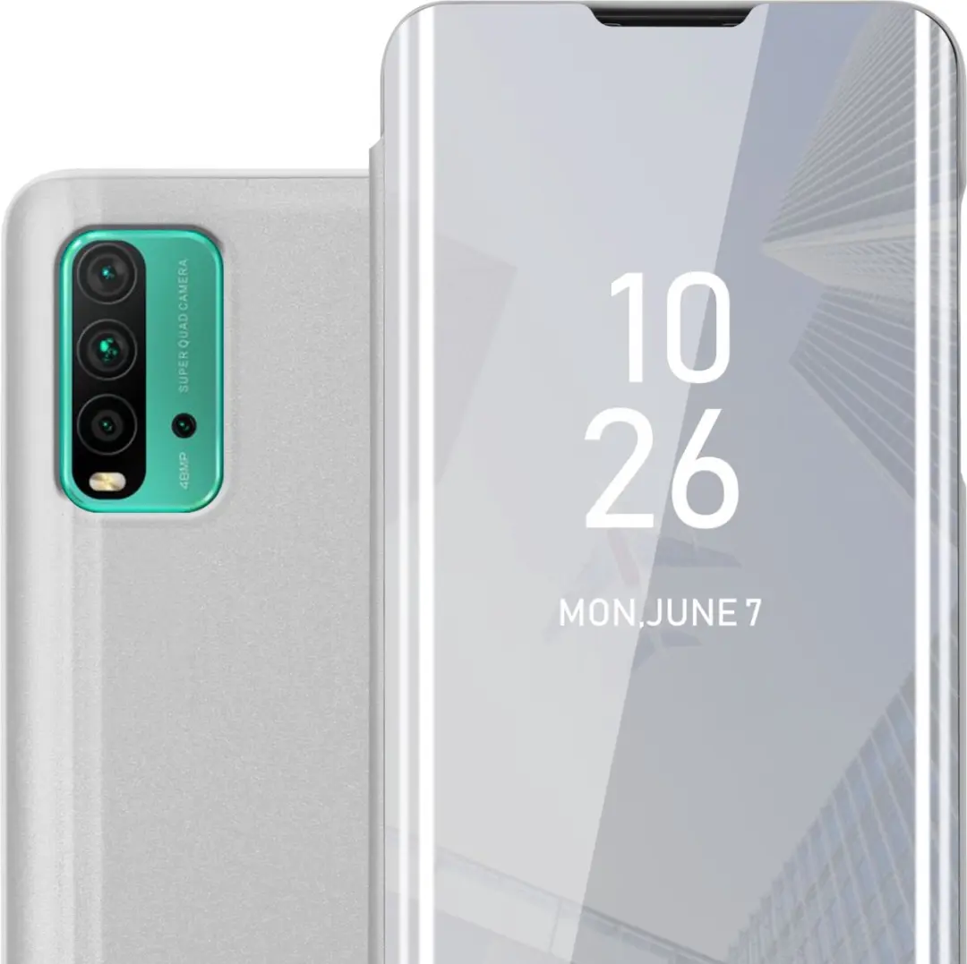 Cadorabo Hoesje geschikt voor Xiaomi RedMi 9T / POCO M3 in AGAAT ZILVER - Clear View Spiegel Beschermende Case met Tribunefunctie 360 Graden Bescherming Book Case Cover Etui