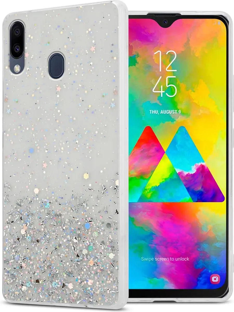 Cadorabo Hoesje geschikt voor Samsung Galaxy M20 in Transparant met Glitter