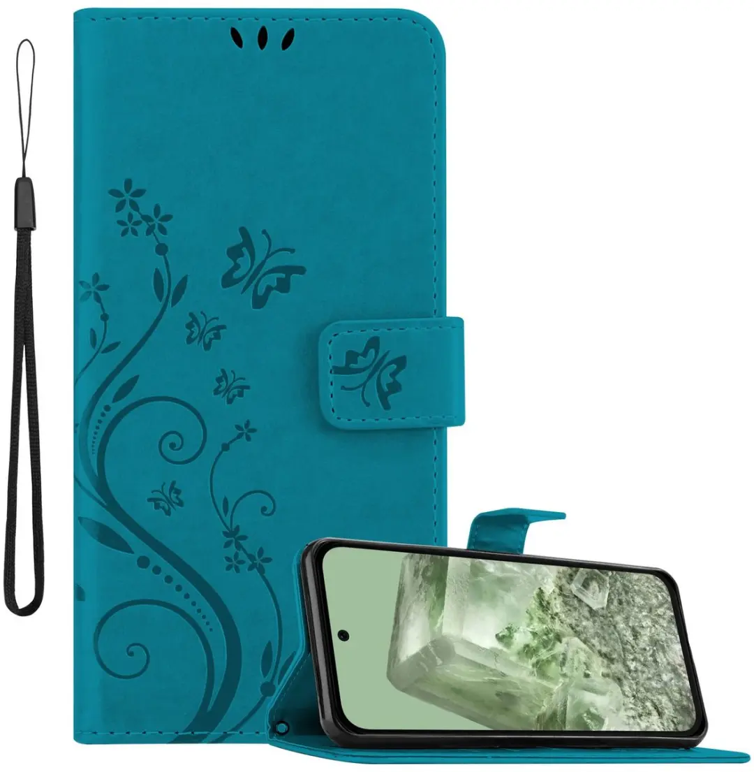 Cadorabo Hoesje geschikt voor Google Pixel 8A in BLOEMEN BLAUW - Beschermhoes in bloemmotief met magnetische sluiting, standfunctie en kaartsleuven Book Case Cover Etui