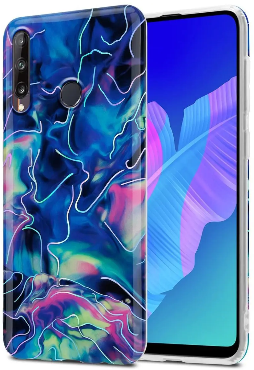 Cadorabo Hoesje geschikt voor Huawei P40 LITE E in Blauw Roze marmer No. 17