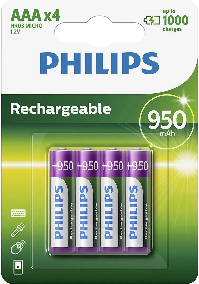 Philips AAA Oplaadbare Batterijen 950mAh - 4 Stuks