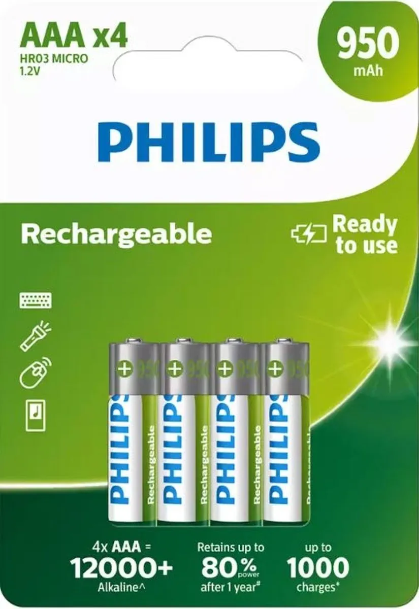 Philips AAA Oplaadbare Batterijen 950mAh - 4 Stuks