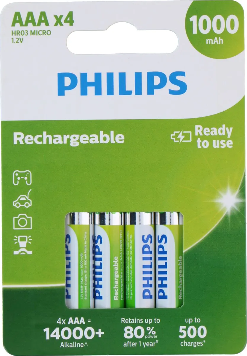 Philips AAA Oplaadbare Batterijen 950mAh - 4 Stuks