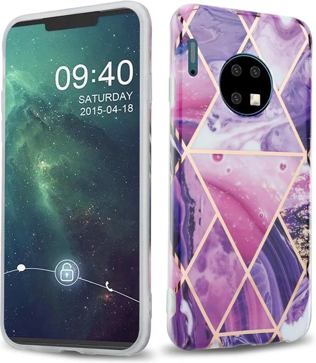 Cadorabo Hoesje geschikt voor Huawei MATE 30 in Paars Golf Marmer No. 14