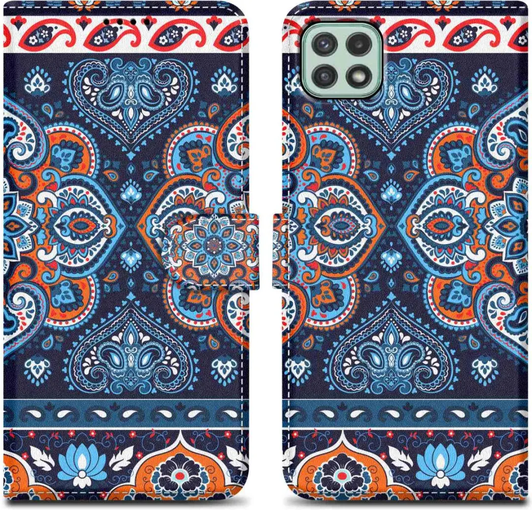 Cadorabo Hoesje geschikt voor Samsung Galaxy A22 5G - Design Blauwe Mandala No. 1 - Beschermhoes Case Cover met magnetische sluiting, standaardfunctie en kaartvakje