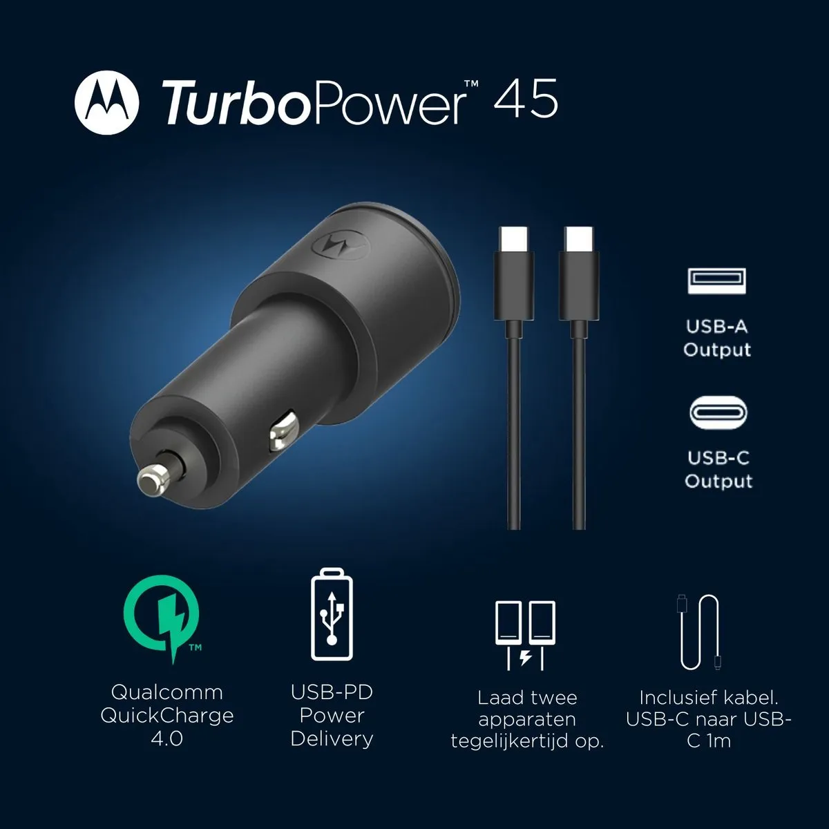 Motorola SJV102-EU Auto Oplader 45W - 2x USB-C - Zwart