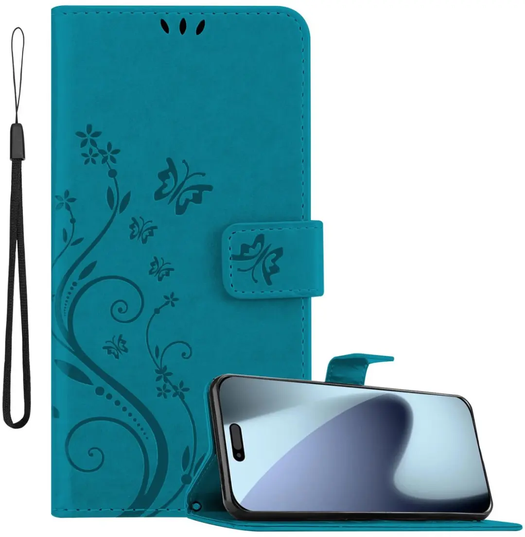 Cadorabo Hoesje geschikt voor Apple iPhone 17 PRO / 18 PRO in BLOEMEN BLAUW Beschermhoes in bloemmotief met magnetische sluiting, standfunctie en kaartsleuven