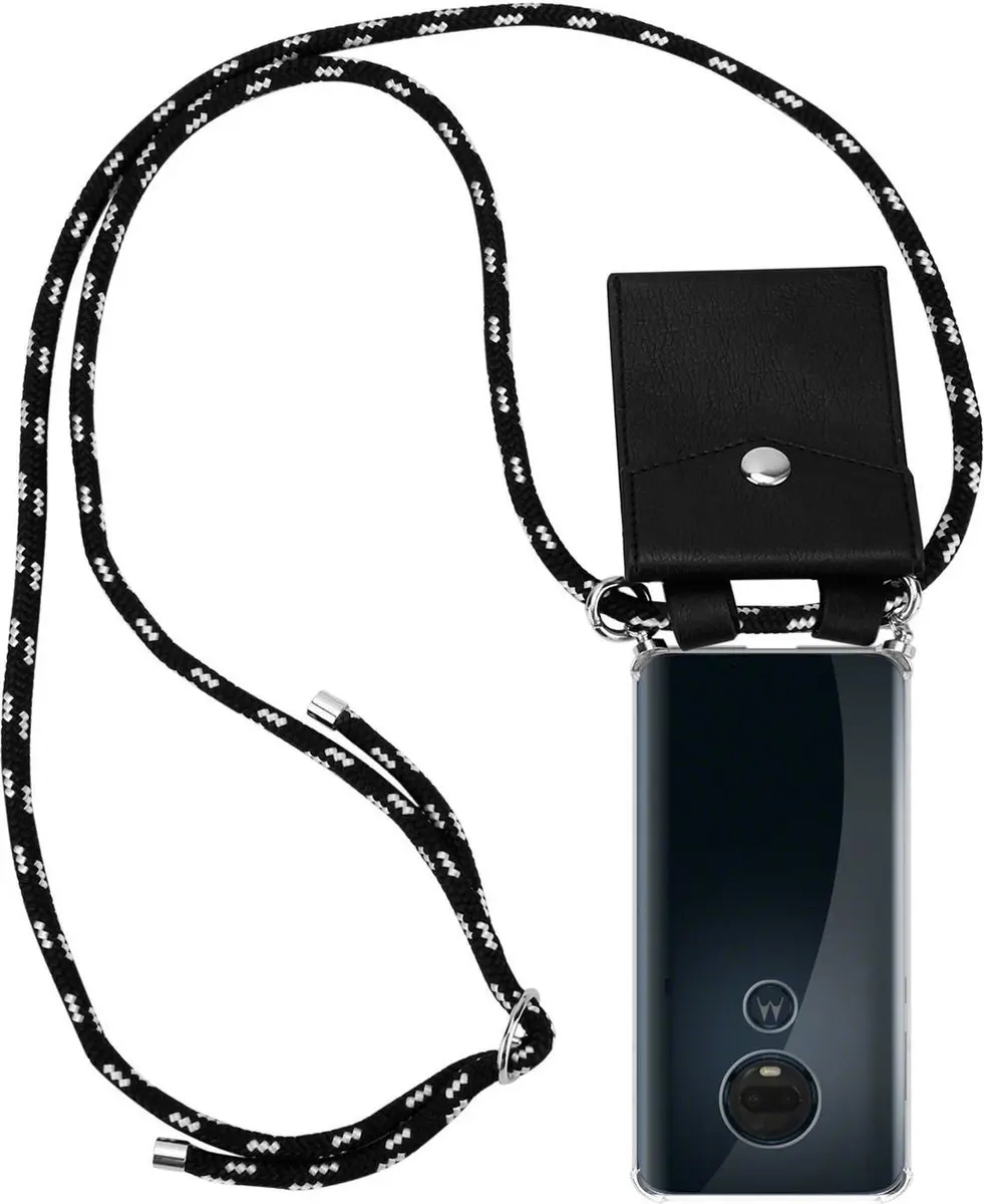 Cadorabo Hoesje geschikt voor Motorola MOTO G7 / G7 PLUS in ZWART ZILVER - Silicone Mobiele telefoon ketting beschermhoes met zilveren ringen, koordriem en afneembaar etui