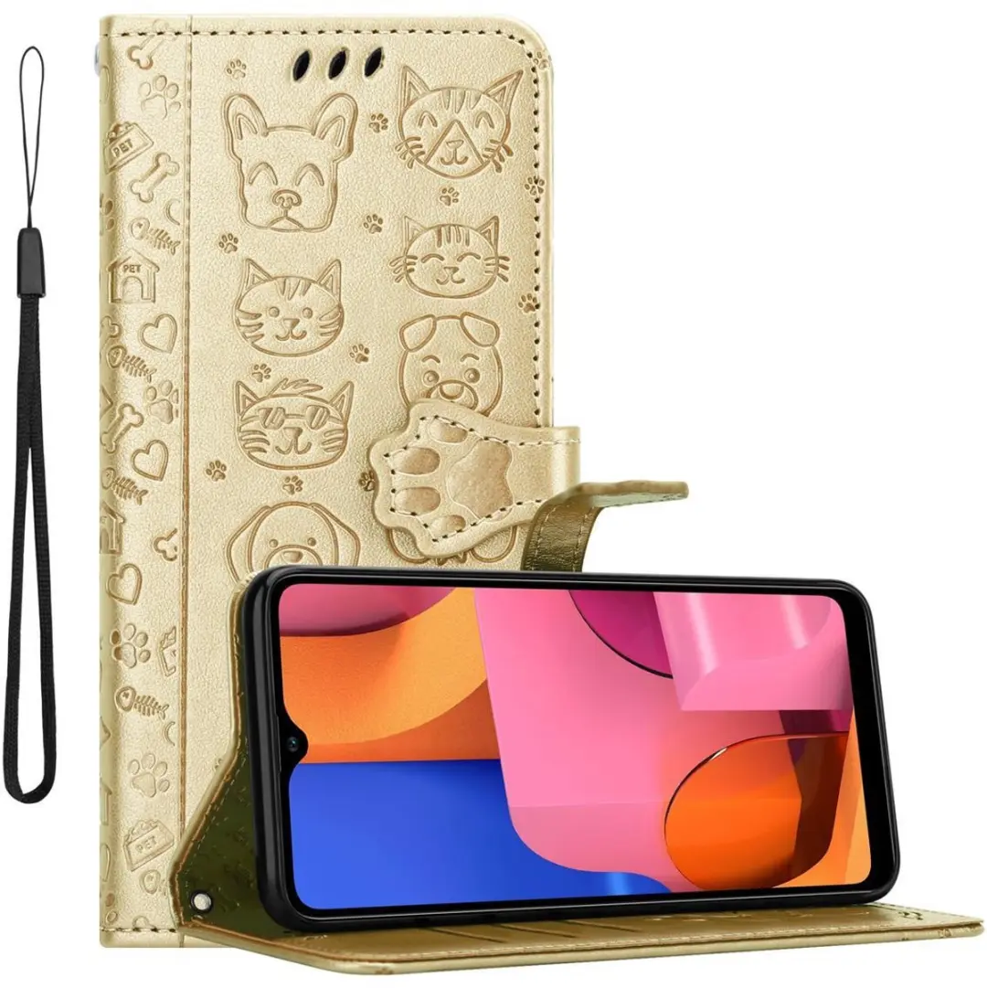 Cadorabo Hoesje geschikt voor Samsung Galaxy A20s in SHINY GOUD - Beschermhoes honden en katten met standfunctie en kaartsleuven Book Case Cover Etui