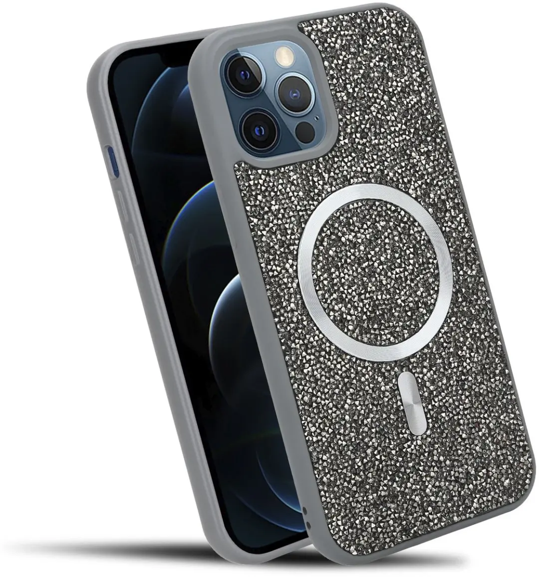 Hoesje geschikt voor iPhone 12 PRO MAX in Grijs Diamant Glitter Stijl