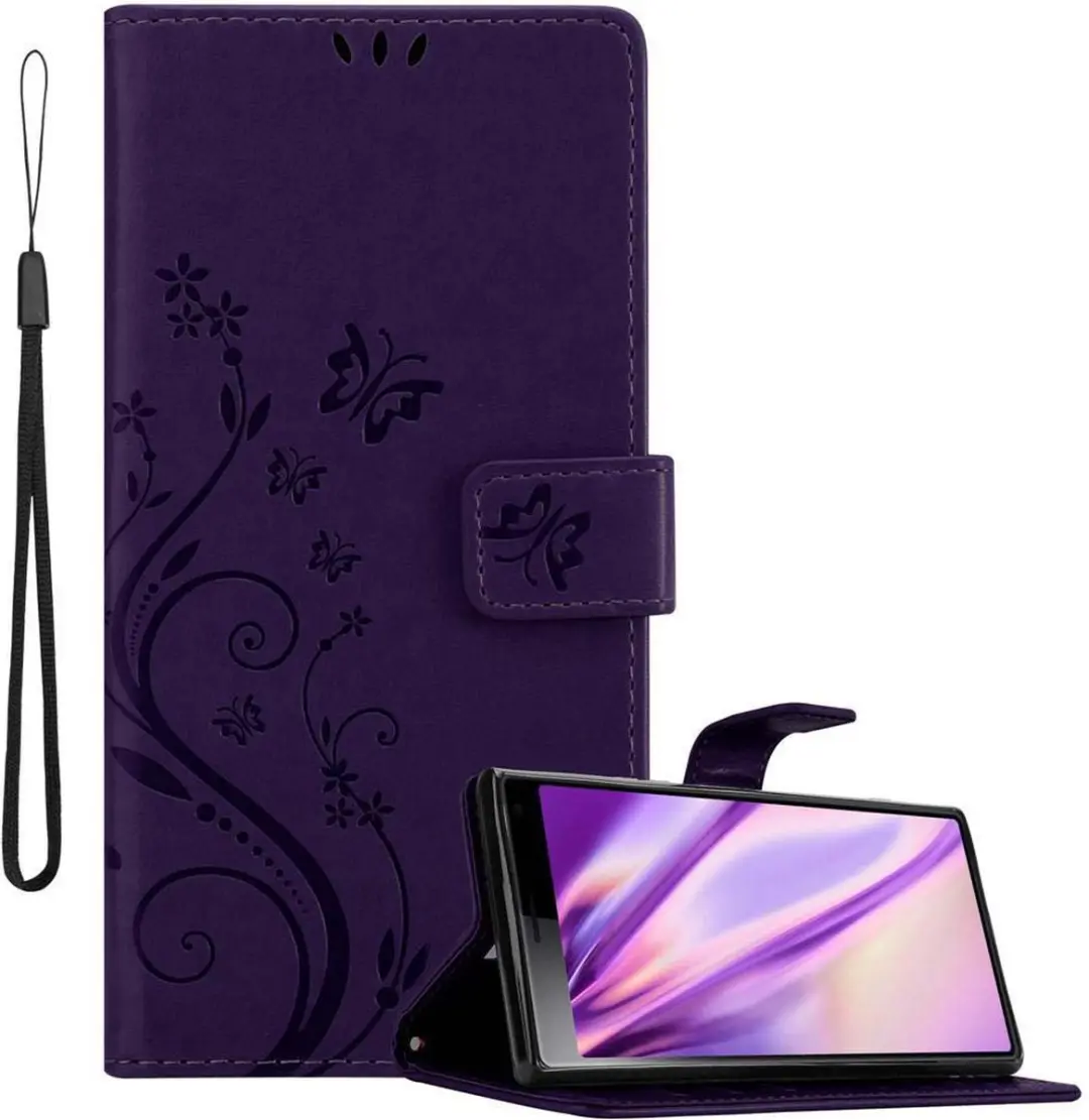Cadorabo Hoesje geschikt voor Sony Xperia 10 / Xperia XA3 in BLOEMEN DONKER PAARS - Beschermhoes in bloemmotief met magnetische sluiting, standfunctie en kaartsleuven Book Case Cover Etui