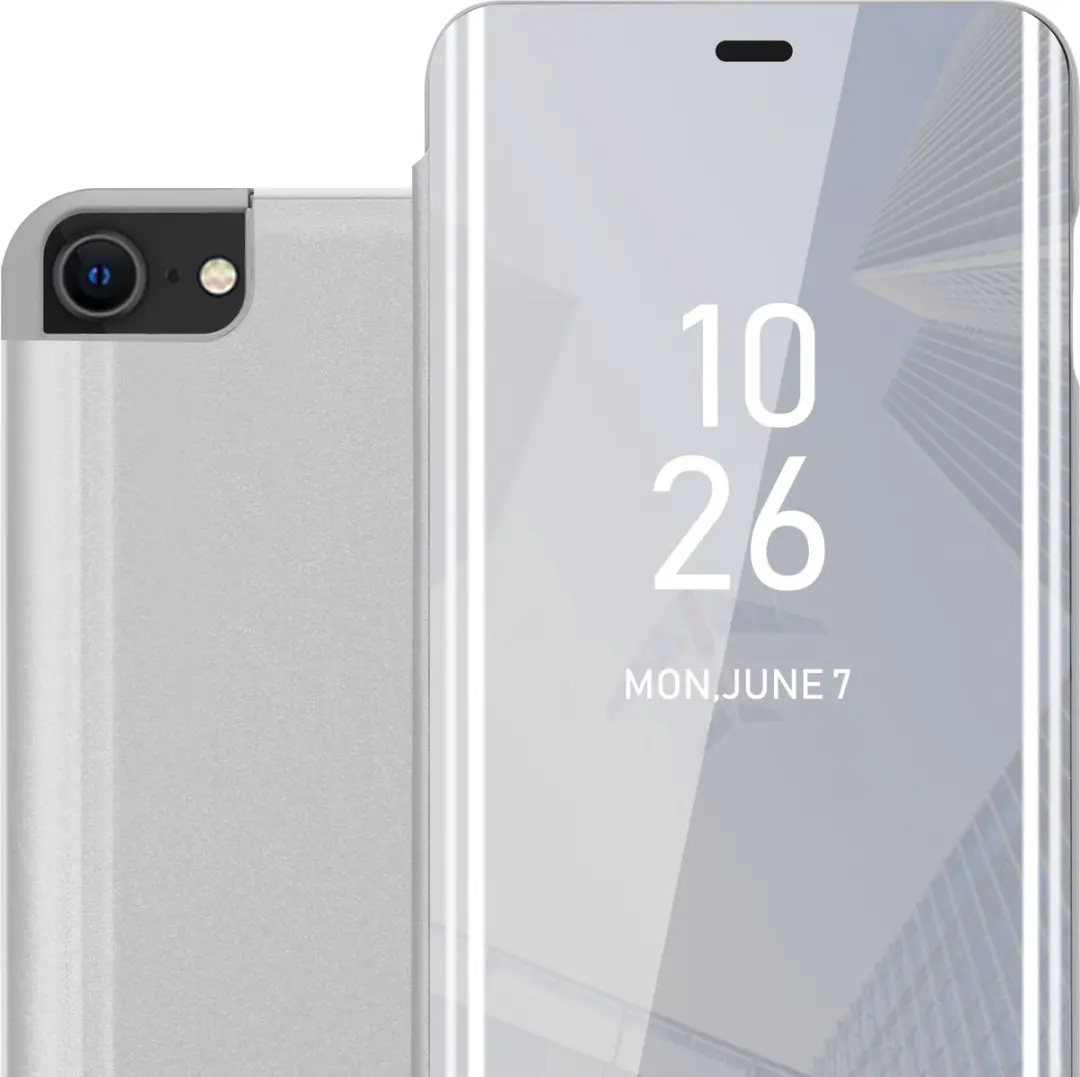 Cadorabo Hoesje geschikt voor Apple iPhone 7 / 7S / 8 / SE 2020 in AGAAT ZILVER - Clear View Spiegel Beschermende Case met Tribunefunctie 360 Graden Bescherming Book Case Cover Etui