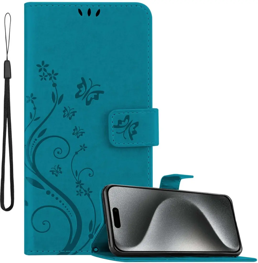 Cadorabo Hoesje geschikt voor Apple iPhone 15 PRO in BLOEMEN BLAUW