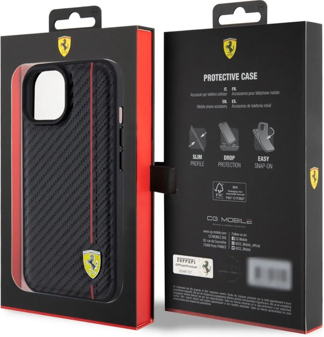 Ferrari Carbon Printed Stripe iPhone 15 Hoes - Zwart