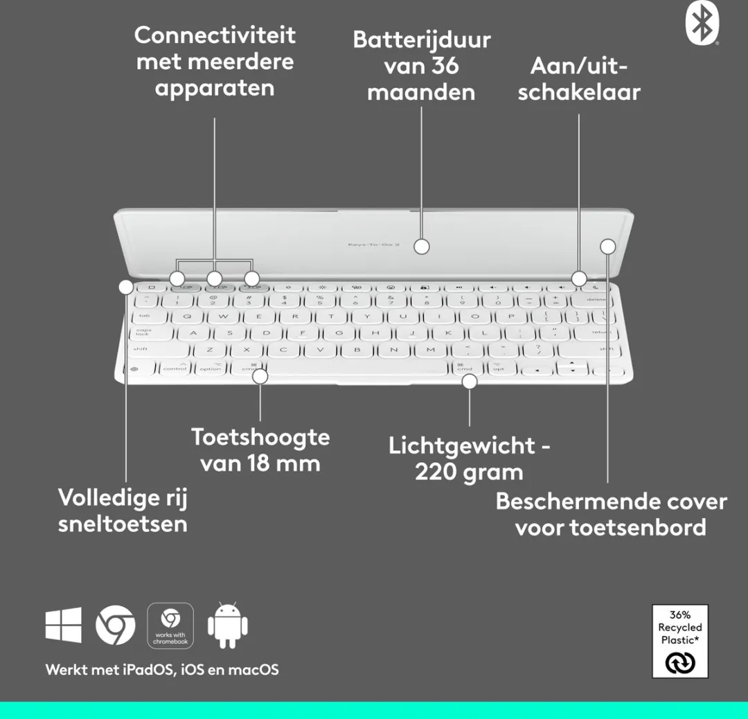Logitech Keys-To-Go 2 Apple Draadloos Toetsenbord - Qwerty US - Wit - afbeelding 6 van 6