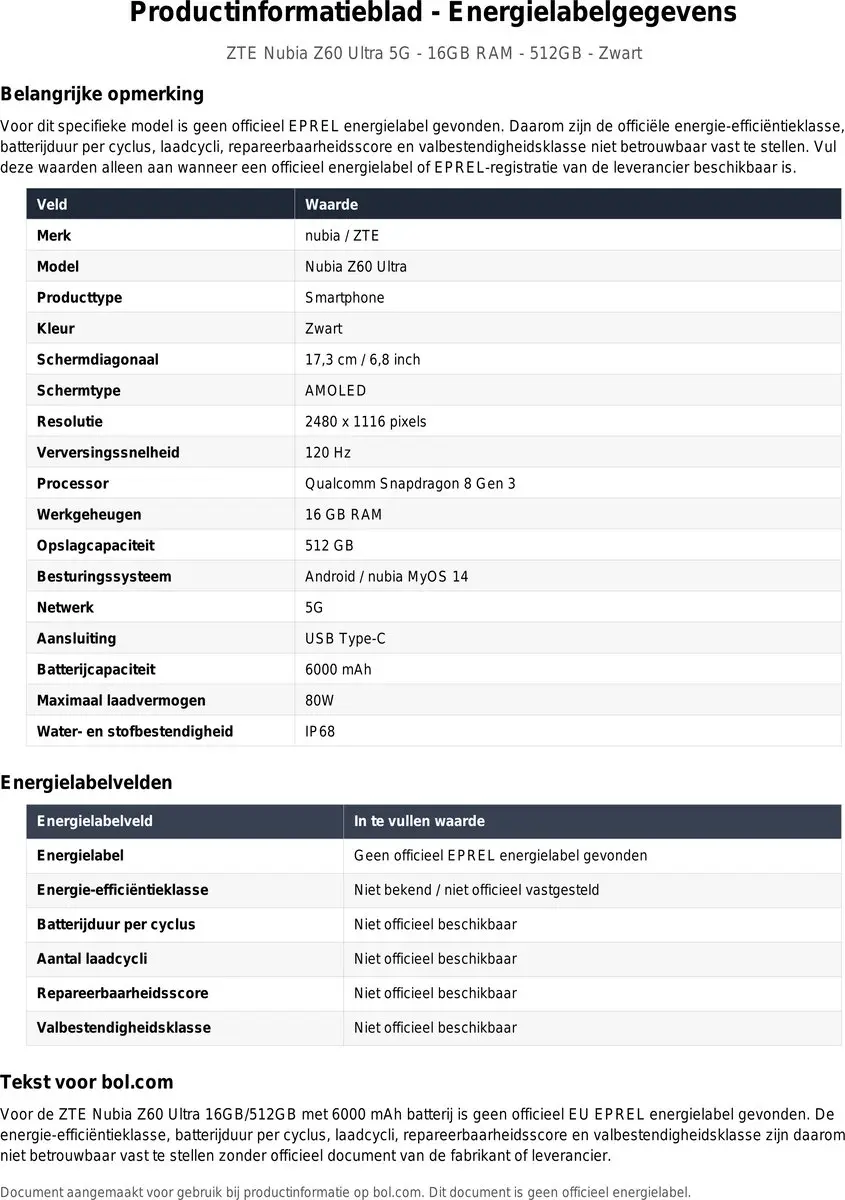 ZTE Nubia Z60 Ultra PQ83F01 Smartphone - Zwart - afbeelding 3 van 5