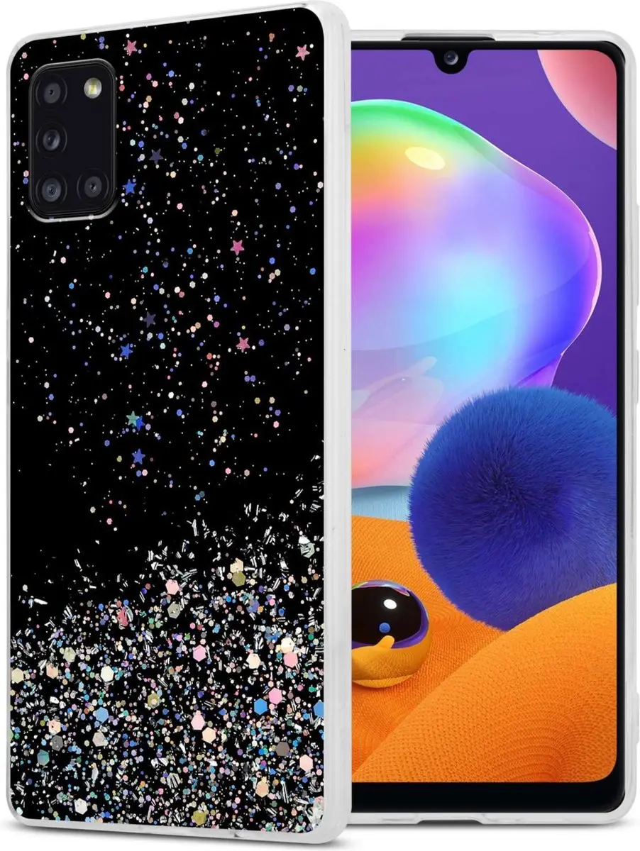 Cadorabo Hoesje geschikt voor Samsung Galaxy A31 in Zwart met Glitter - Beschermhoes van flexibel TPU silicone met fonkelende glitters Case Cover Etui