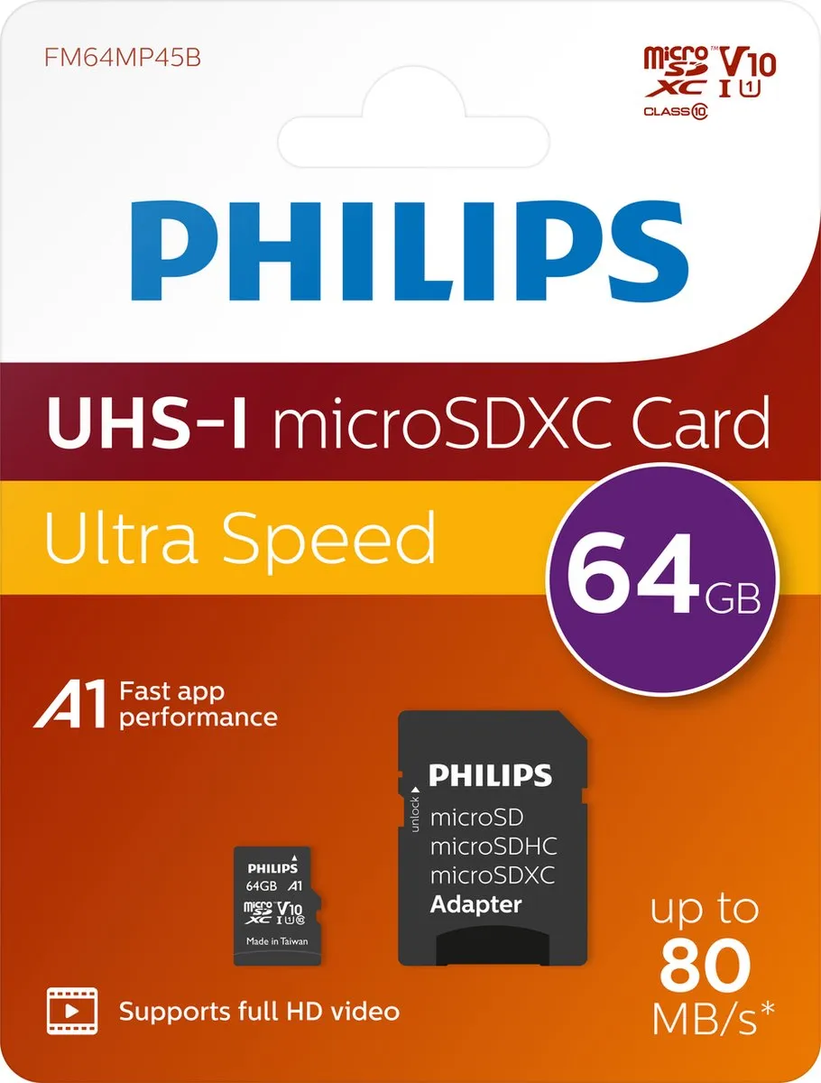Philips FM64MP45B - Micro SDXC kaart 64GB incl. adapter - Class 10 - UHS-I U1
