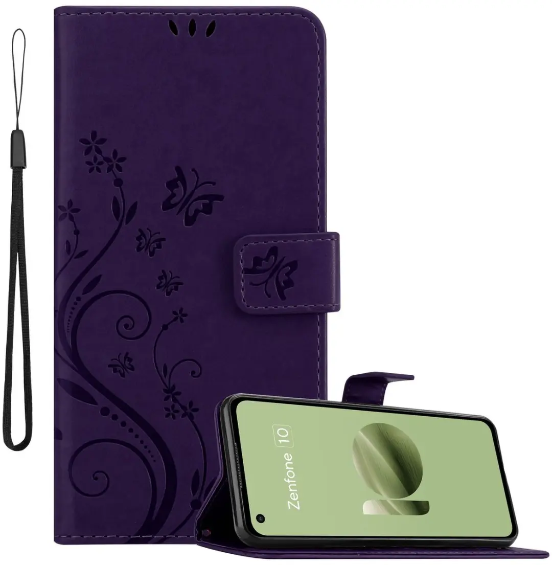 Cadorabo Hoesje geschikt voor Asus Zenfone 10 in BLOEMEN DONKER PAARS - Beschermhoes in bloemmotief met magnetische sluiting, standfunctie en kaartsleuven Book Case Cover Etui