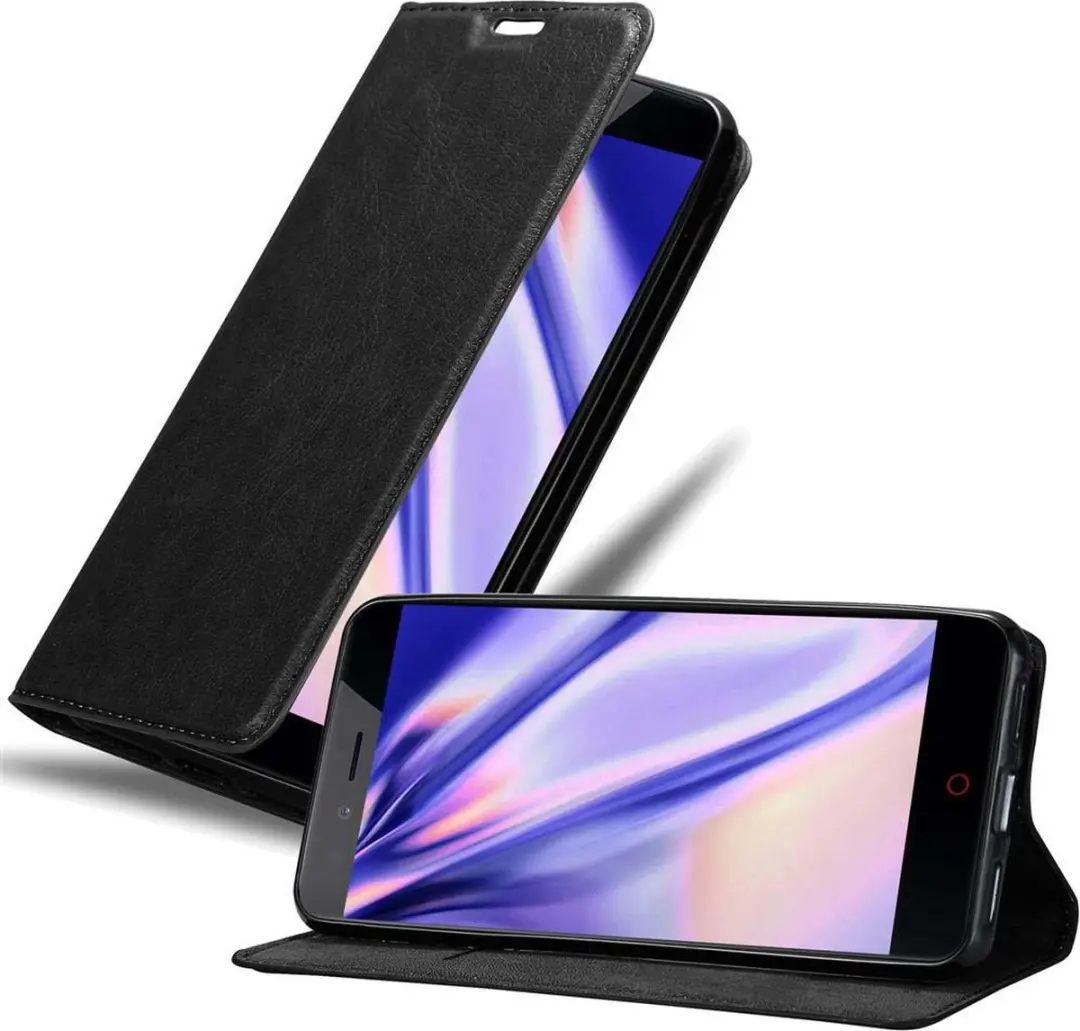 Cadorabo Hoesje geschikt voor ZTE Nubia Z11 MINI S in ZWARTE NACHT - Beschermhoes met magnetische sluiting, standfunctie en kaartvakje Book Case Cover Etui