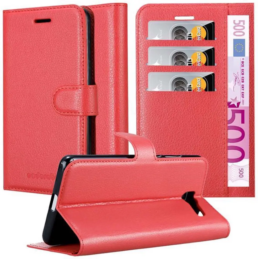 Cadorabo Hoesje geschikt voor Samsung Galaxy J4 PLUS in KARMIJN ROOD - Beschermhoes met magnetische sluiting, standfunctie en kaartvakje Book Case Cover Etui