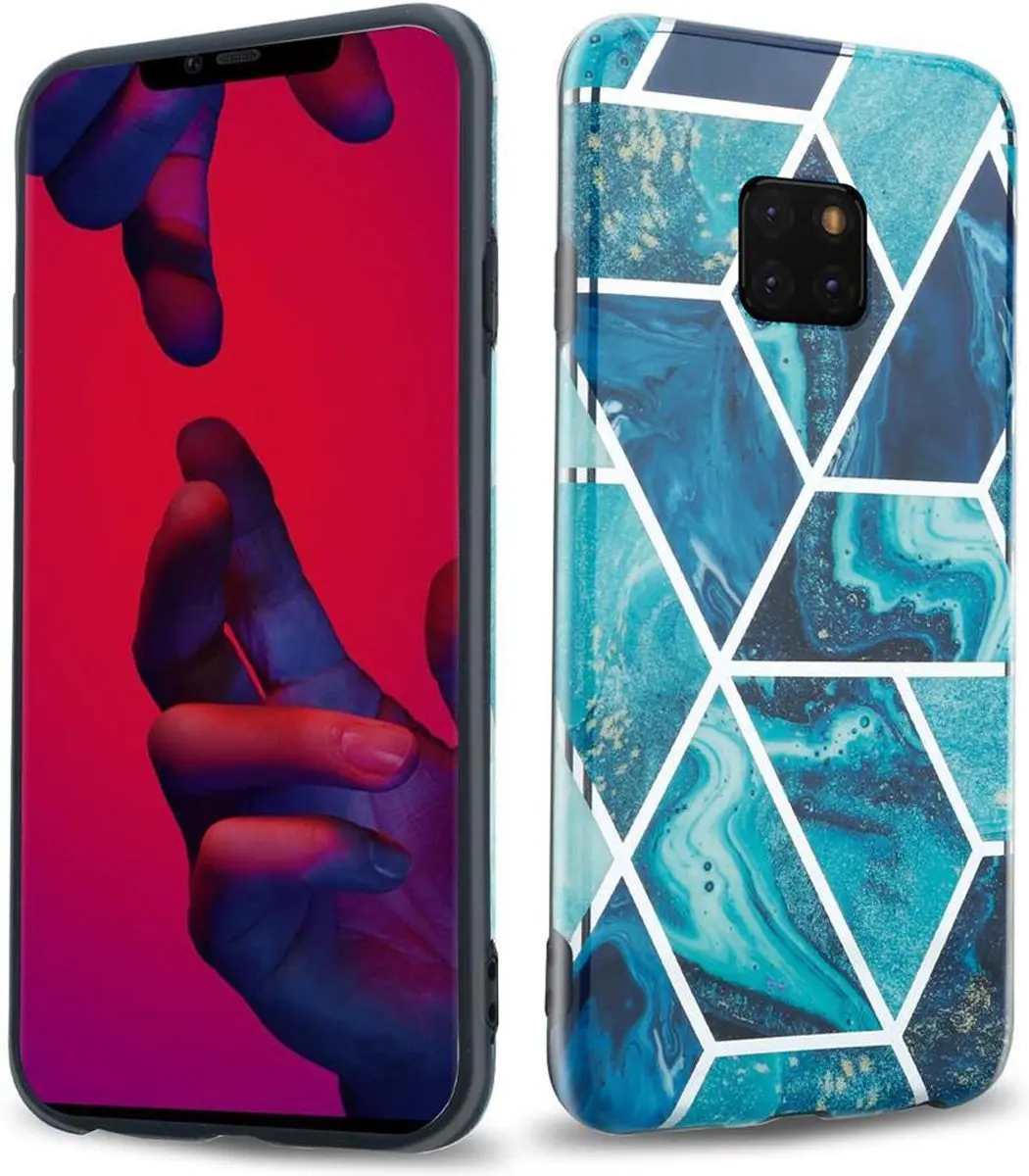 Cadorabo Hoesje geschikt voor Huawei MATE 20 PRO in Blauwe Golf Marmer No. 13