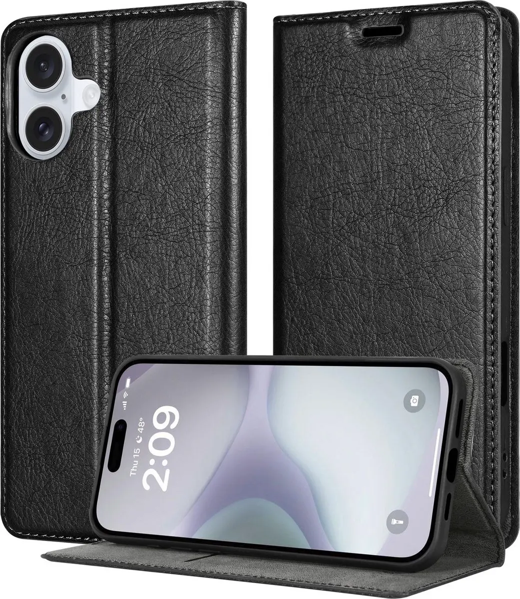 Cadorabo Hoesje geschikt voor Apple iPhone 16 in ZWARTE NACHT - Beschermhoes met magnetische sluiting, standfunctie en kaartvakje Book Case Cover Etui