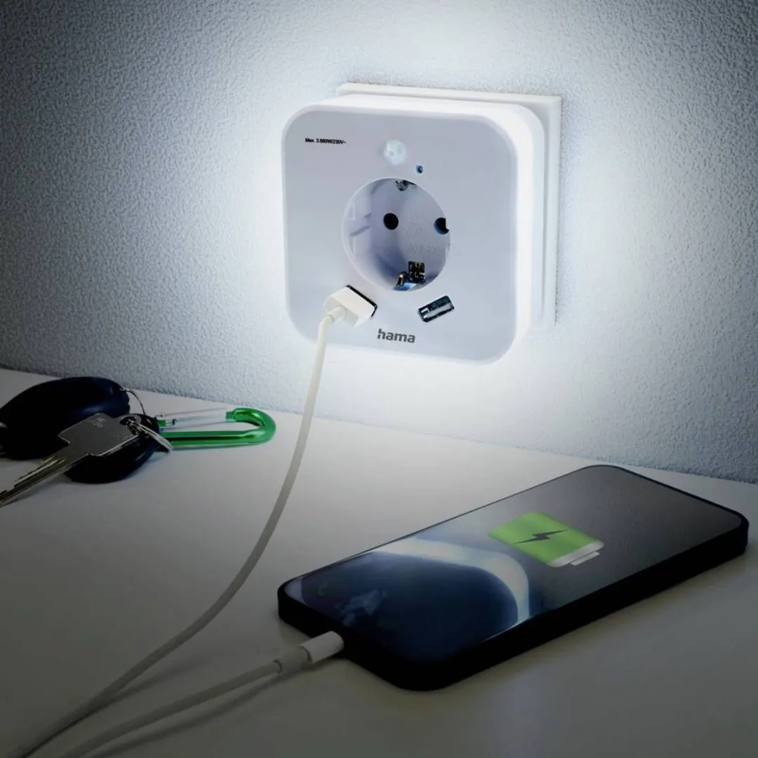 Hama Led-nachtlampje Stopcontact 2 USB-uitgangen Bewegings- en lichtsensor - Wit