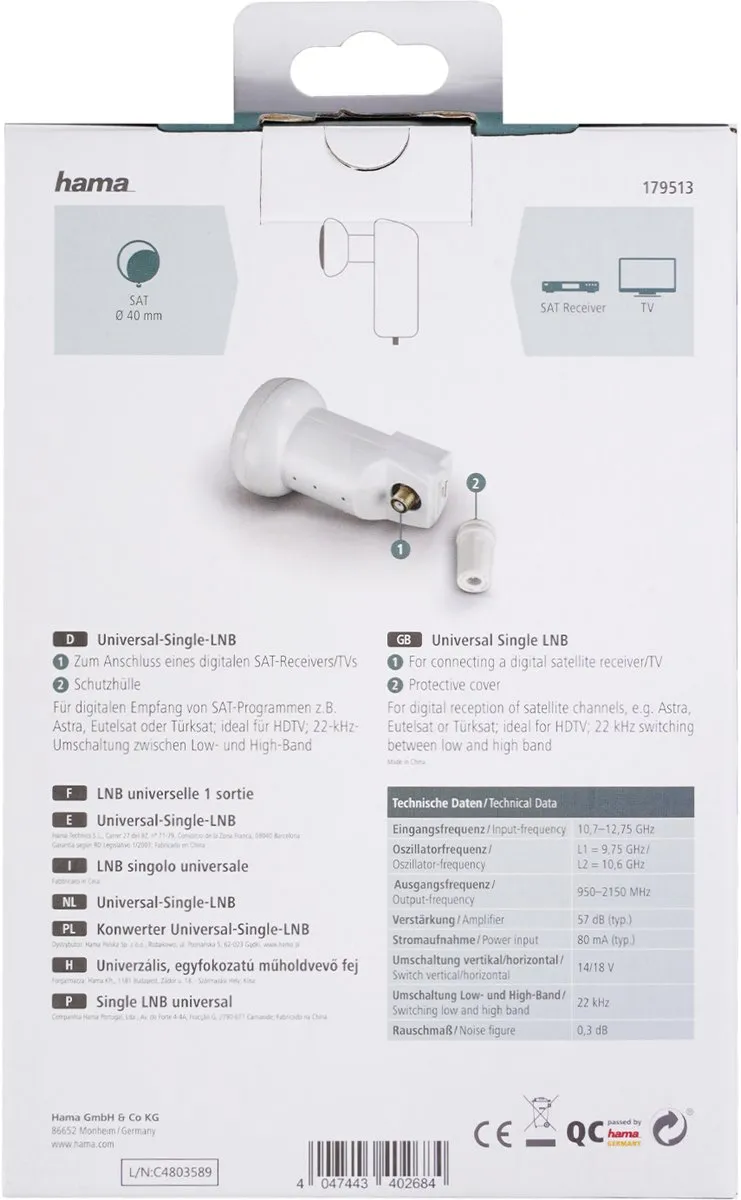 Hama Universele Enkele LNB 4K/HDTV 179513 - Wit