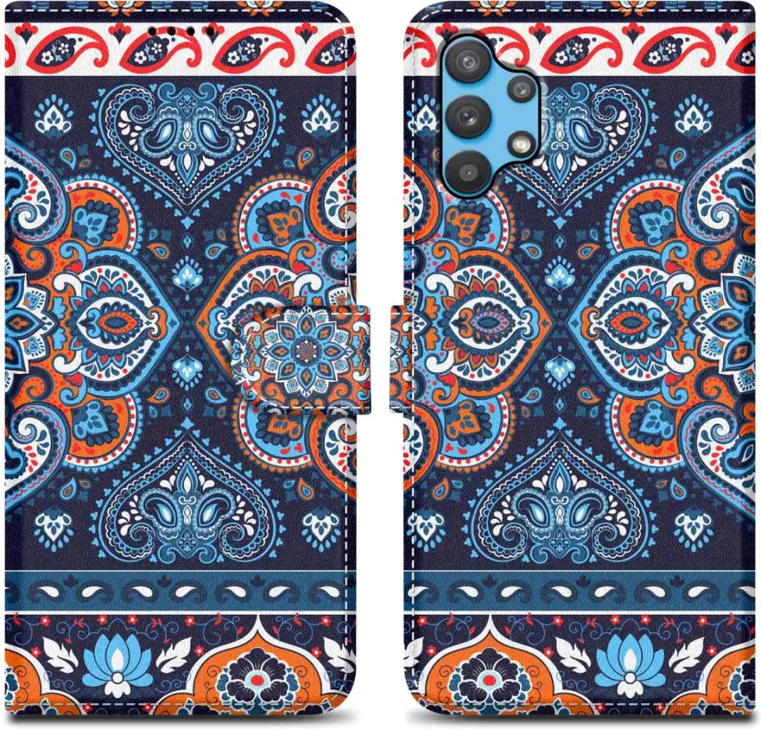 Cadorabo Hoesje geschikt voor Samsung Galaxy A32 5G - Design Blauwe Mandala No. 1 - Beschermhoes Case Cover met magnetische sluiting, standaardfunctie en kaartvakje