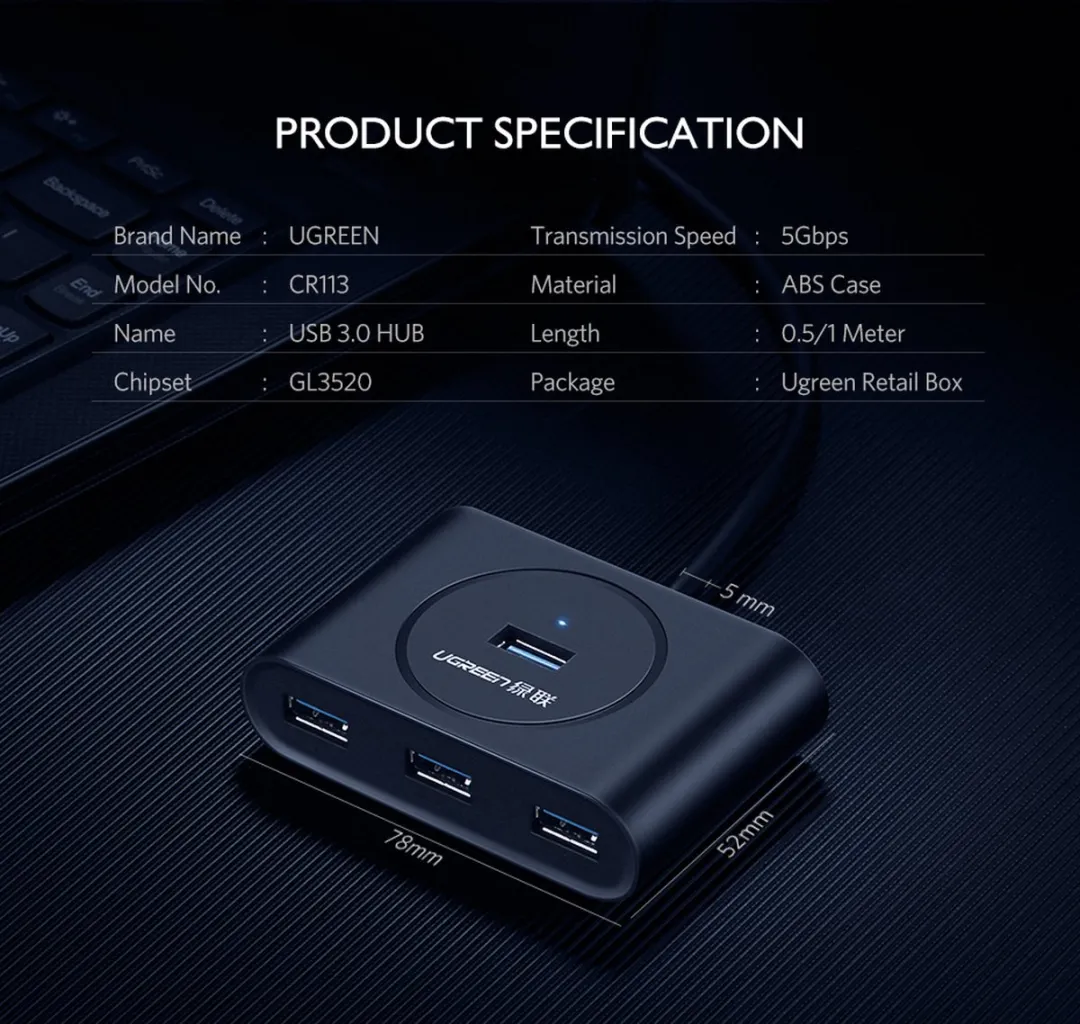 UGREEN UGR-20290 USB 3.2 Hub 4 Poorten - 0,5m Kabel - Zwart