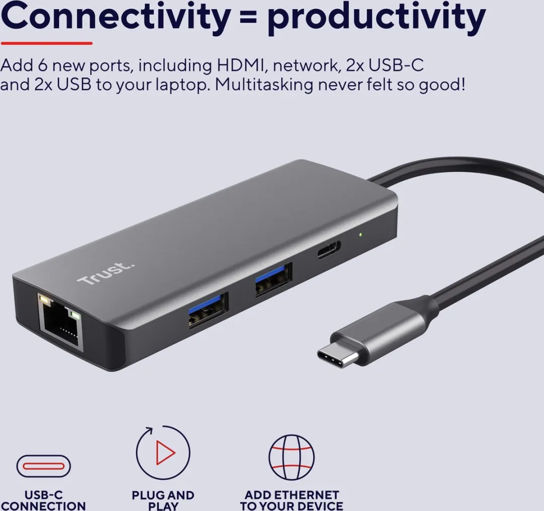 Trust Dalyx USB-C Hub 24968 - 6 Poorten - 4K HDMI & Ethernet - Zilver
