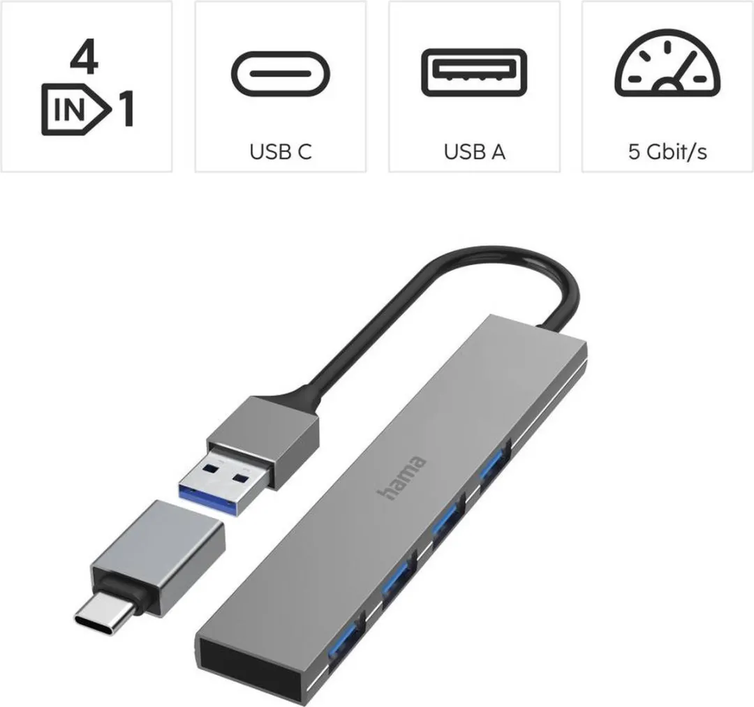 Hama Ultra Slim 00200141 USB-hub 4x USB-A 3.2 - Grijs