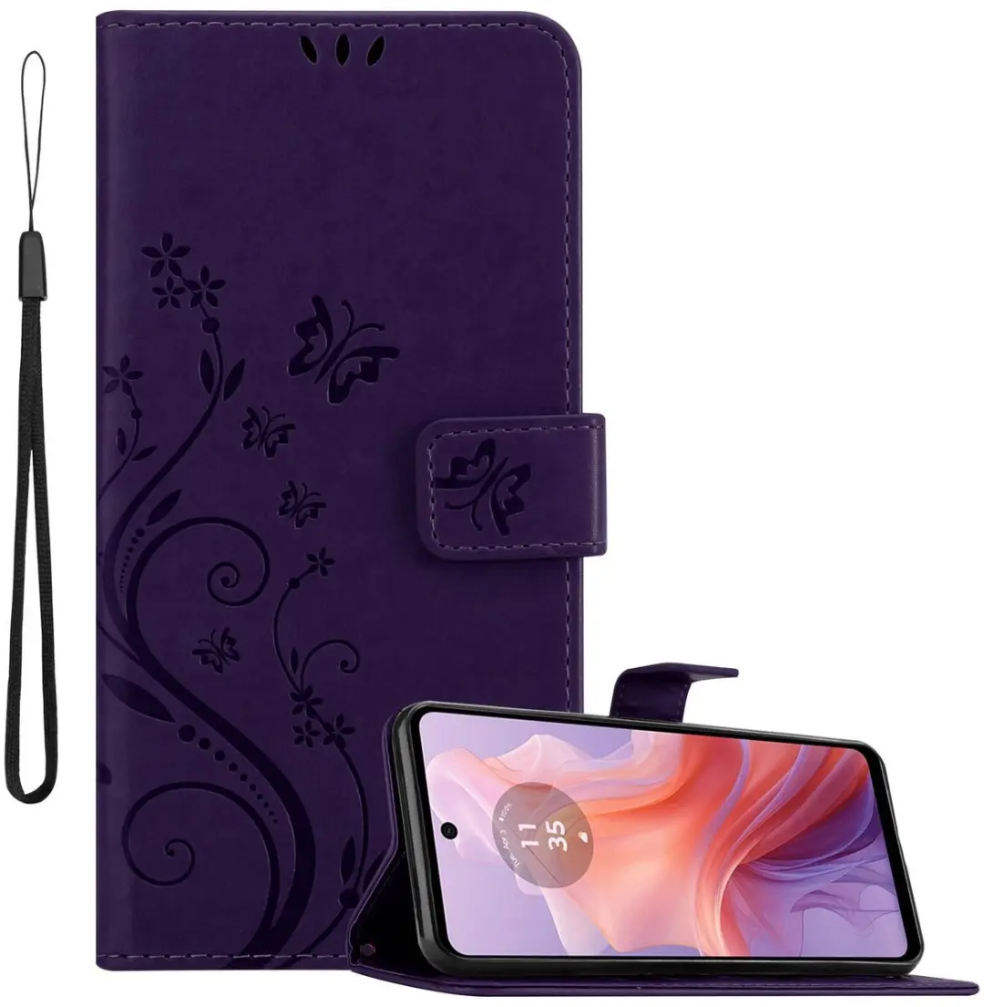 Cadorabo Hoesje geschikt voor Motorola Moto E14 in BLOEMEN DONKER PAARS