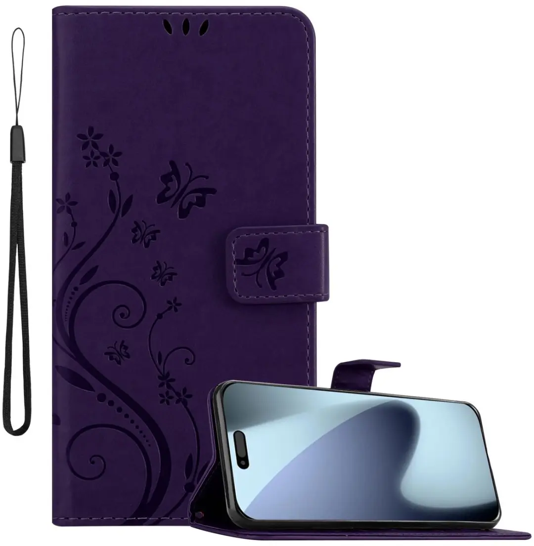 Cadorabo Hoesje geschikt voor Apple iPhone 17 PRO / 18 PRO in BLOEMEN DONKER PAARS Beschermhoes in bloemmotief met magnetische sluiting, standfunctie en kaartsleuven