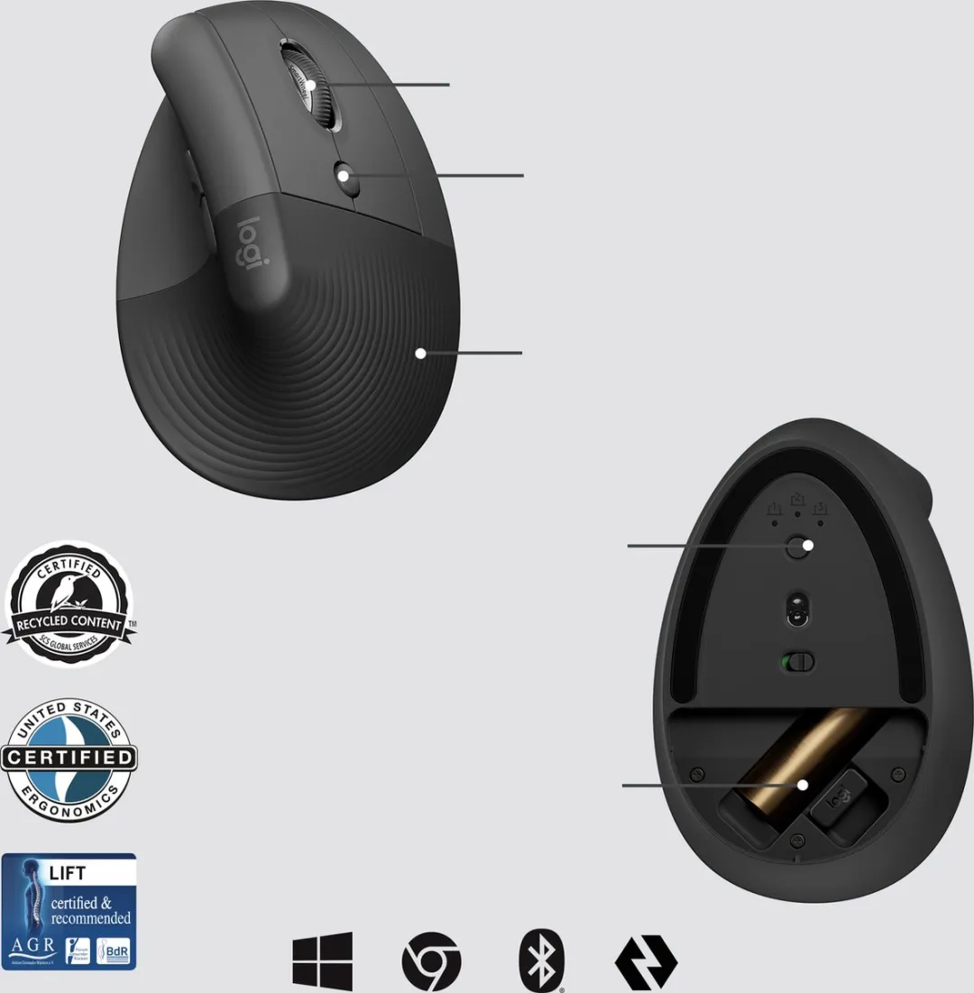 Logitech Lift Vertical Muis 910-006494 - 4000 DPI - Grafiet