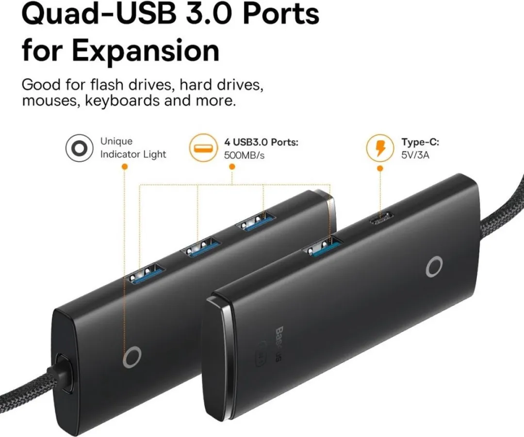 Baseus Lite Series HUB 4-poorts USB-A 3.0 - 5x USB-A - 2m - Zwart