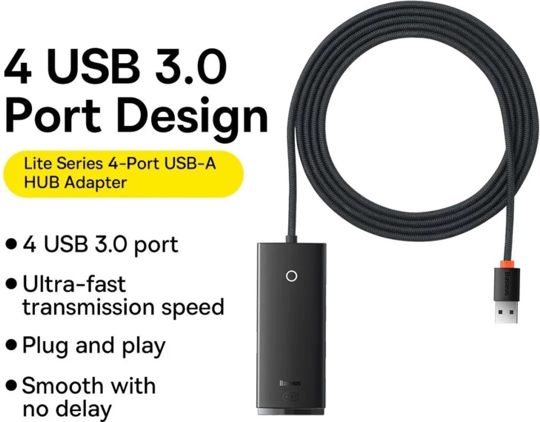Baseus Lite Series HUB 4-poorts USB-A 3.0 - 5x USB-A - 2m - Zwart