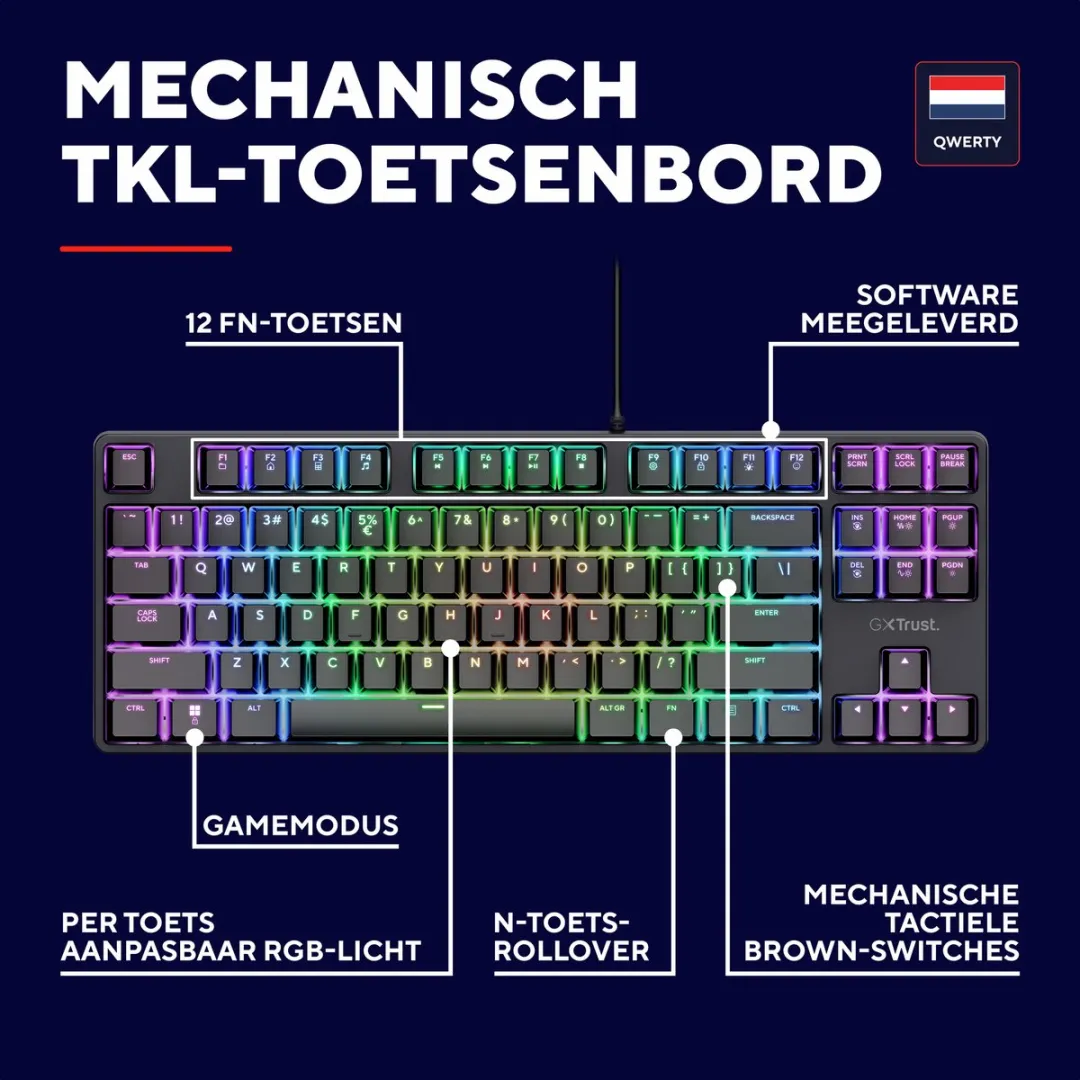 Trust GXT 864 Cada Mechanisch Gaming Toetsenbord - Tactile Switches - RGB - Zwart