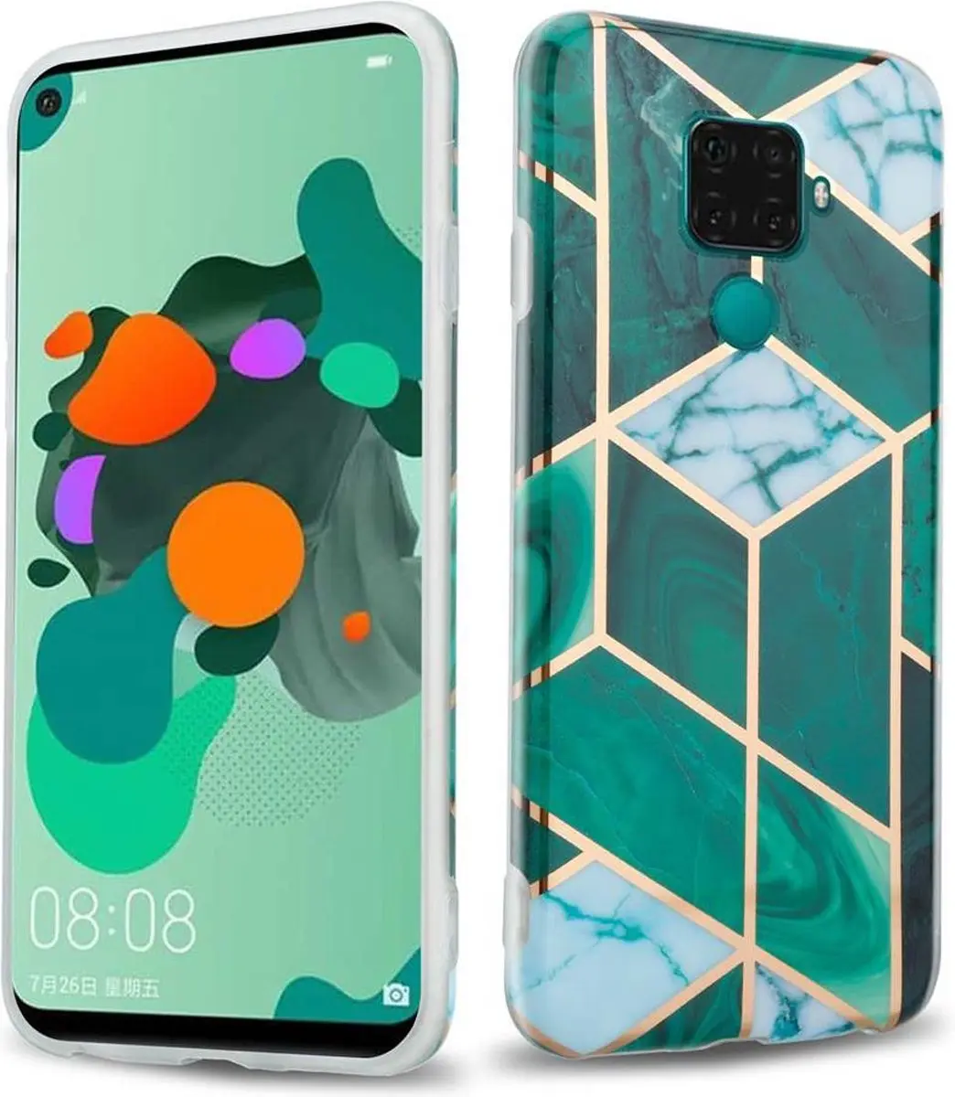 Cadorabo Hoesje geschikt voor Huawei MATE 30 LITE in Donkergroen Wit Goud Marmer