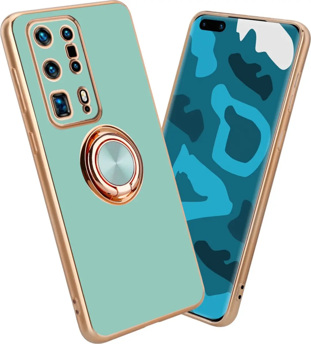 Cadorabo Hoesje geschikt voor Huawei P40 PRO+ in Glossy Turquoise - Goud met ring - Beschermhoes van flexibel TPU-silicone Case Cover met camerabescherming en magnetische autohouder