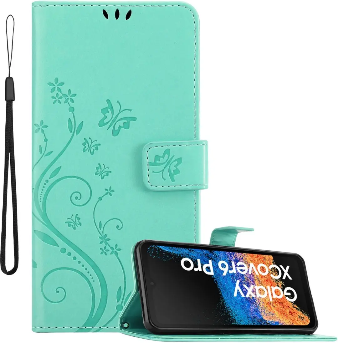 Cadorabo Hoesje geschikt voor Samsung Xcover 6 Pro in BLOEMEN TURKOOIS - Beschermhoes in bloemmotief met magnetische sluiting, standfunctie en kaartsleuven Book Case Cover Etui