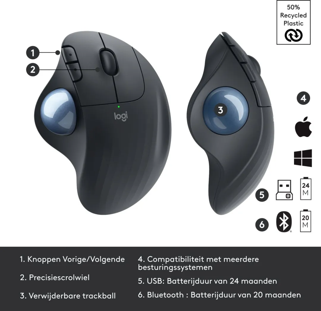 Logitech M575 ERGO Draadloze Trackball Muis - Grafiet - afbeelding 6 van 6